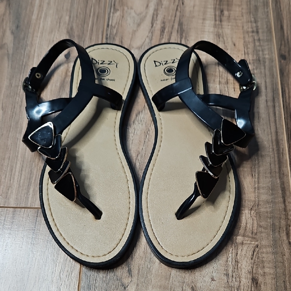 Dizzy Black T-Strap Sandals with Geometric Accents 7